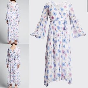 LOVESHACKFANCY Bevelyn Blouson-Sleeve Floral Pink Blue Surplice maxi Dress 8 new